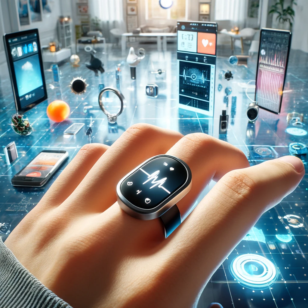 DALL·E 2024 05 24 11.36.13 A futuristic scene showcasing a smart ring with an E Ink display. The ring is worn on a persons finger displaying health data such as heart rate and